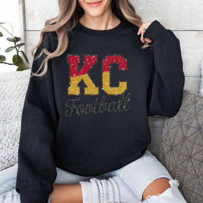 Kansas City Faux Glitter Football Sweatshirt, KC Football Faux Glitter, Kansas City Football Fan Gift, Women's Kansas City Sweatshirt