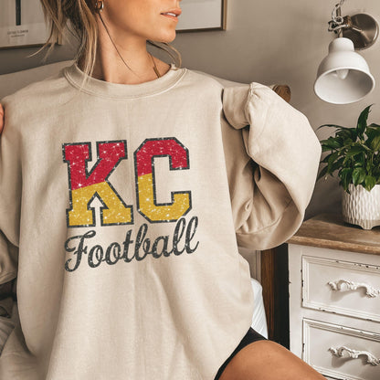 Kansas City Faux Glitter Football Sweatshirt, KC Football Faux Glitter, Kansas City Football Fan Gift, Women's Kansas City Sweatshirt