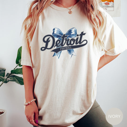 Detroit Football Bow Croquette Comfort Colors Tshirt, Detroit Fan Gift, Detroit Game Day