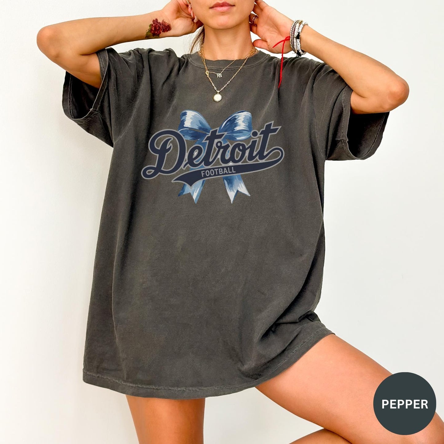 Detroit Football Bow Croquette Comfort Colors Tshirt, Detroit Fan Gift, Detroit Game Day