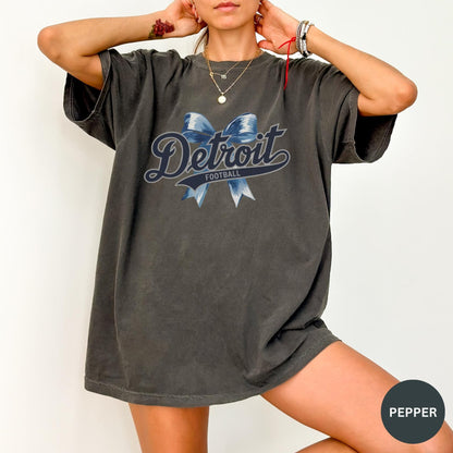 Detroit Football Bow Croquette Comfort Colors Tshirt, Detroit Fan Gift, Detroit Game Day