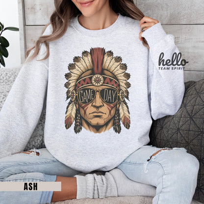Vintage Indian Mascot Game Day Sweatshirt, Retro Tribal Football Spirit Shirt, Boho Sports Fan Long Sleeve, School Spirit Wear Gift HTS013