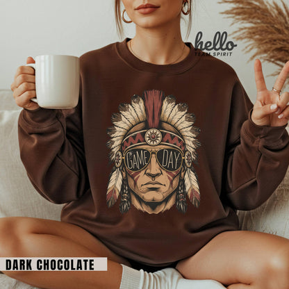 Vintage Indian Mascot Game Day Sweatshirt, Retro Tribal Football Spirit Shirt, Boho Sports Fan Long Sleeve, School Spirit Wear Gift HTS013