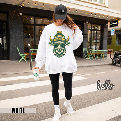 Green Bay Football Mascot Sweatshirt, Retro Game Day Shirt, Wisconsin Tailgate Party, Adult Youth Football Crewneck Sweater Apparel HTS028