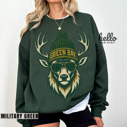 Green Bay Football Deer Mascot Sweatshirt, Retro Game Day Shirt, Team Tailgate Party, Adult Youth Football Crewneck Apparel HTS029