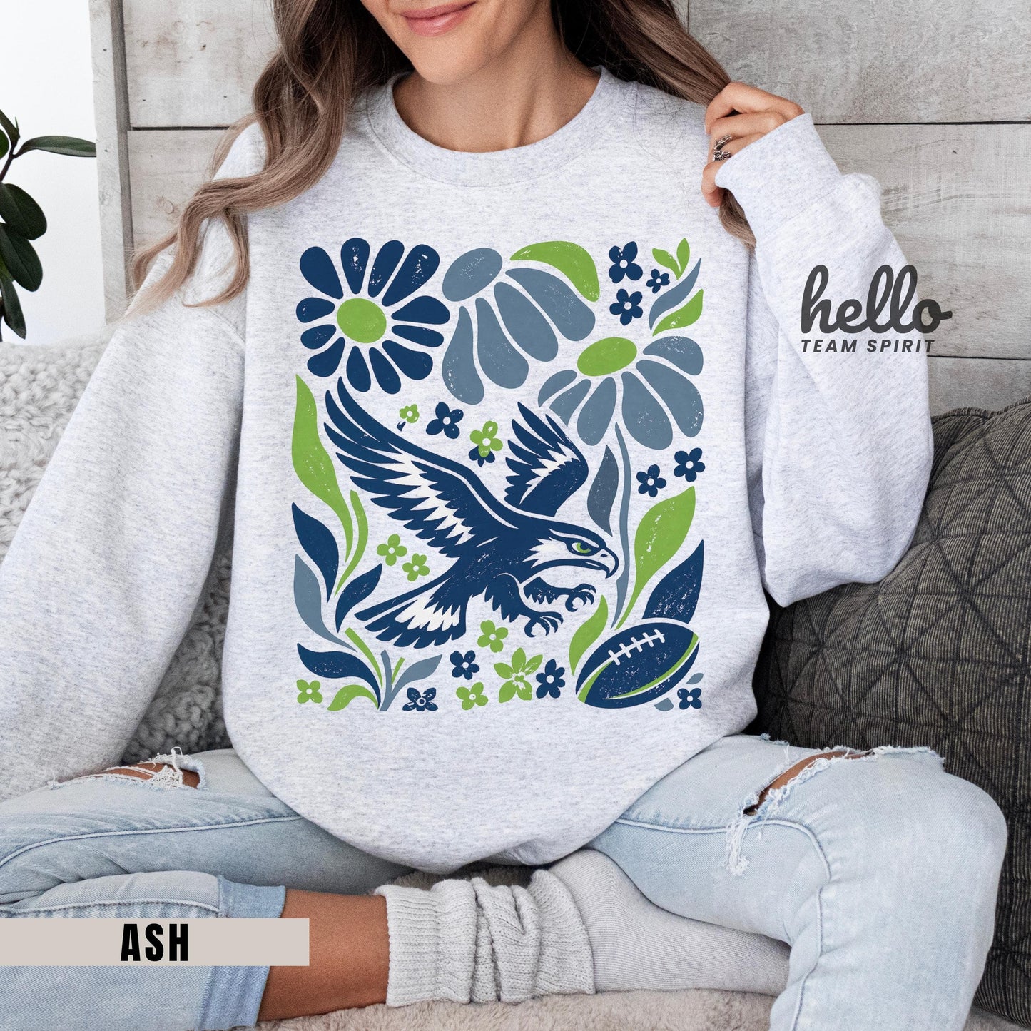 Seattle Football Sweatshirt, Boho Floral Patterned Game Day Shirt, Seahawk mascot Long Sleeve, Adult Youth Crewneck Sweater Apparel HTS033