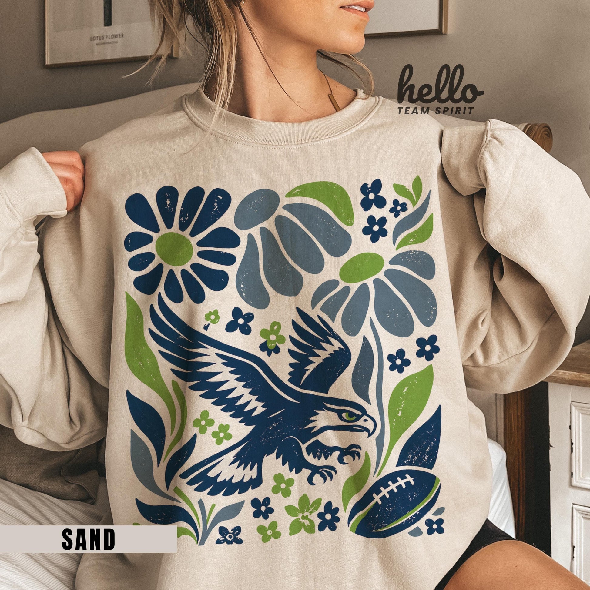 Seattle Football Sweatshirt, Boho Floral Patterned Game Day Shirt, Seahawk mascot Long Sleeve, Adult Youth Crewneck Sweater Apparel HTS033