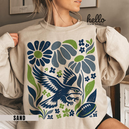 Seattle Football Sweatshirt, Boho Floral Patterned Game Day Shirt, Seahawk mascot Long Sleeve, Adult Youth Crewneck Sweater Apparel HTS033