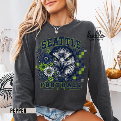 Seattle Football Shirt, Retro seahawk mascot Sweatshirt, Checkered Graphic Long Sleeve, Adult Youth Touchdown Seahawk Crewneck Gift HTS036
