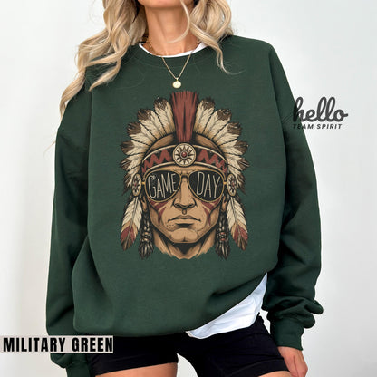 Vintage Indian Mascot Game Day Sweatshirt, Retro Tribal Football Spirit Shirt, Boho Sports Fan Long Sleeve, School Spirit Wear Gift HTS013