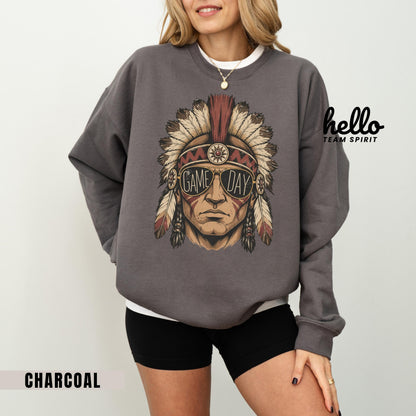 Vintage Indian Mascot Game Day Sweatshirt, Retro Tribal Football Spirit Shirt, Boho Sports Fan Long Sleeve, School Spirit Wear Gift HTS013