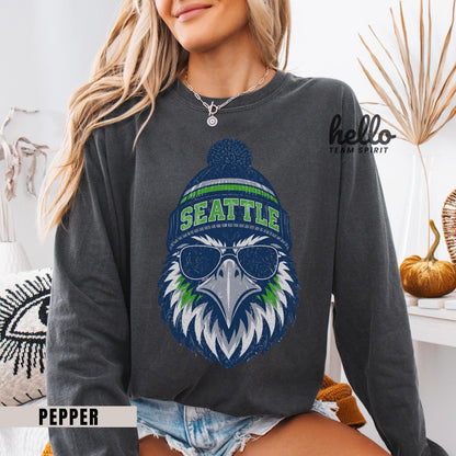 Seattle Football Distressed Sweatshirt, Retro Washington Football Shirt, Seahawk Mascot Game Day Crewneck Tee, Adult Youth Fan Gift HTS043
