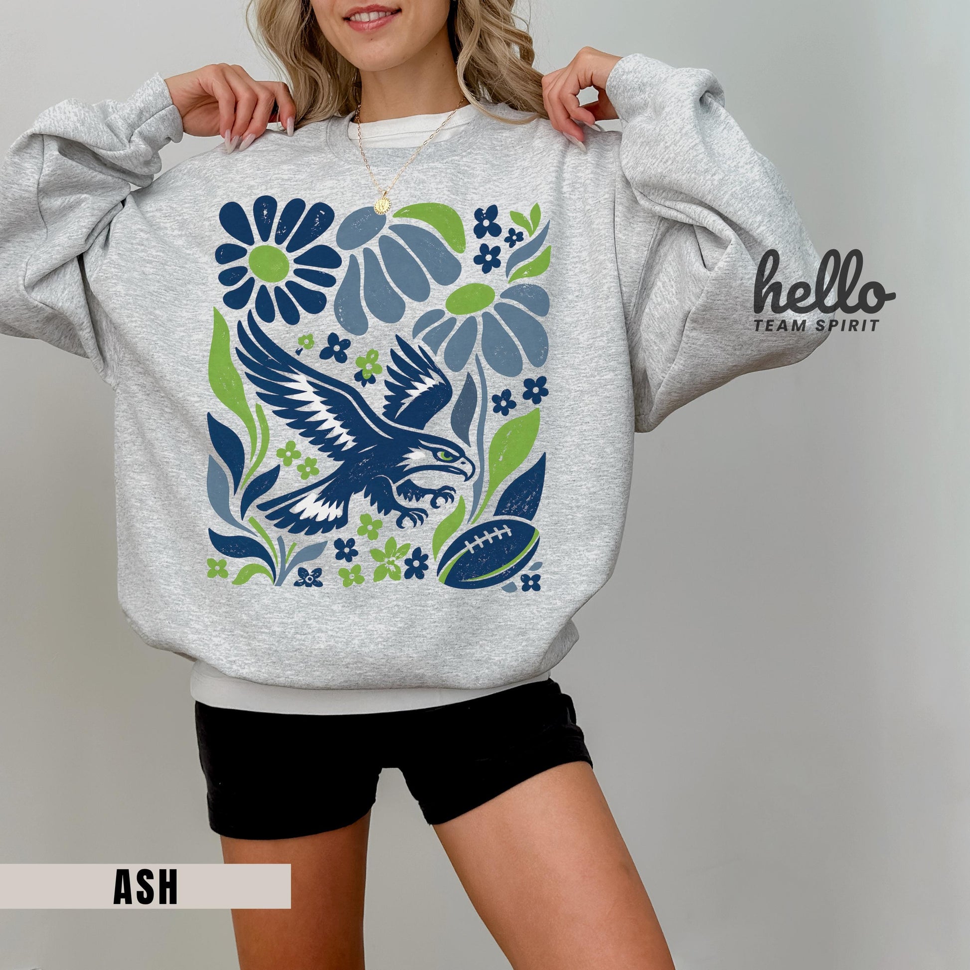 Seattle Football Sweatshirt, Boho Floral Patterned Game Day Shirt, Seahawk mascot Long Sleeve, Adult Youth Crewneck Sweater Apparel HTS033