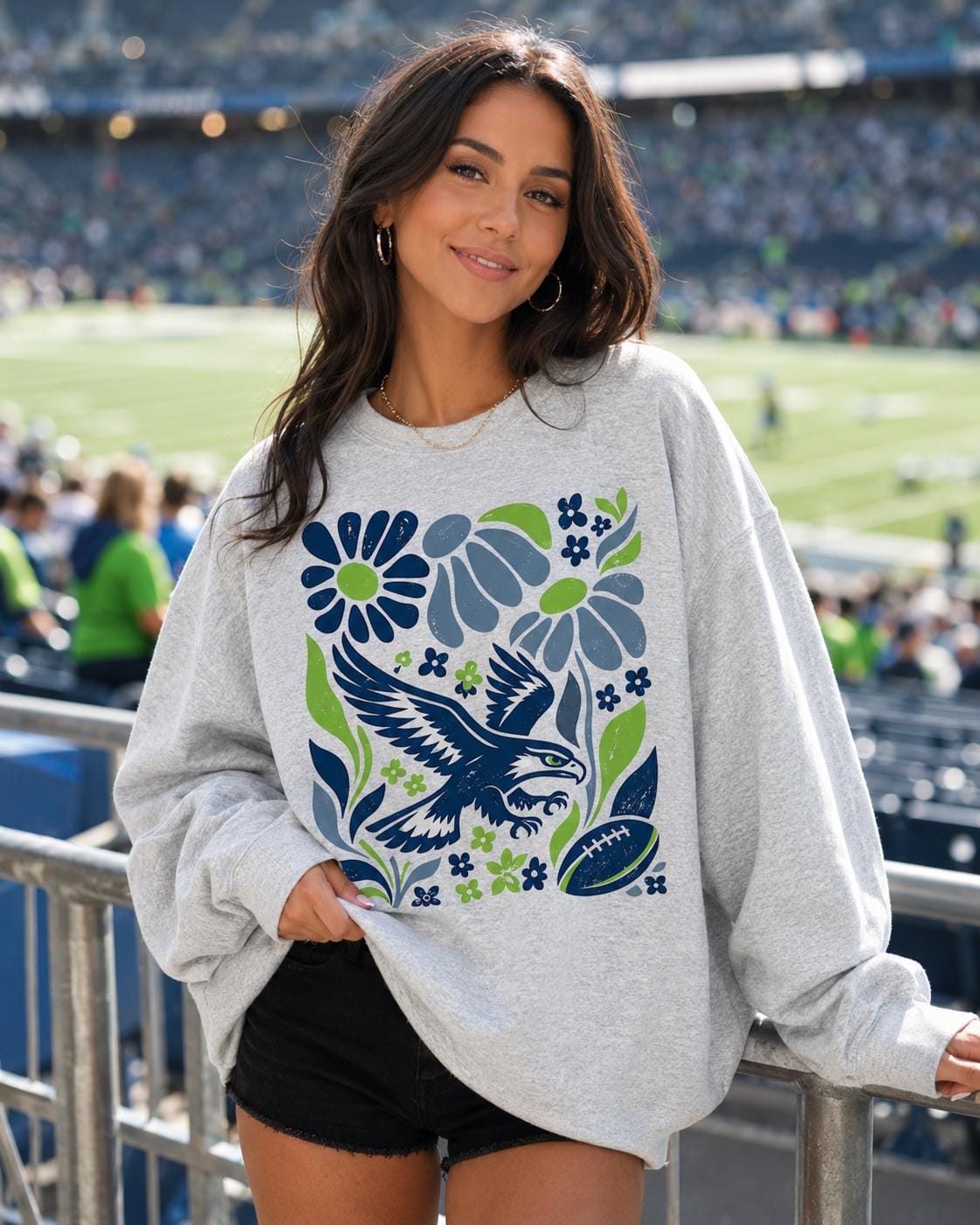 Seattle Football Sweatshirt, Boho Floral Patterned Game Day Shirt, Seahawk mascot Long Sleeve, Adult Youth Crewneck Sweater Apparel HTS033