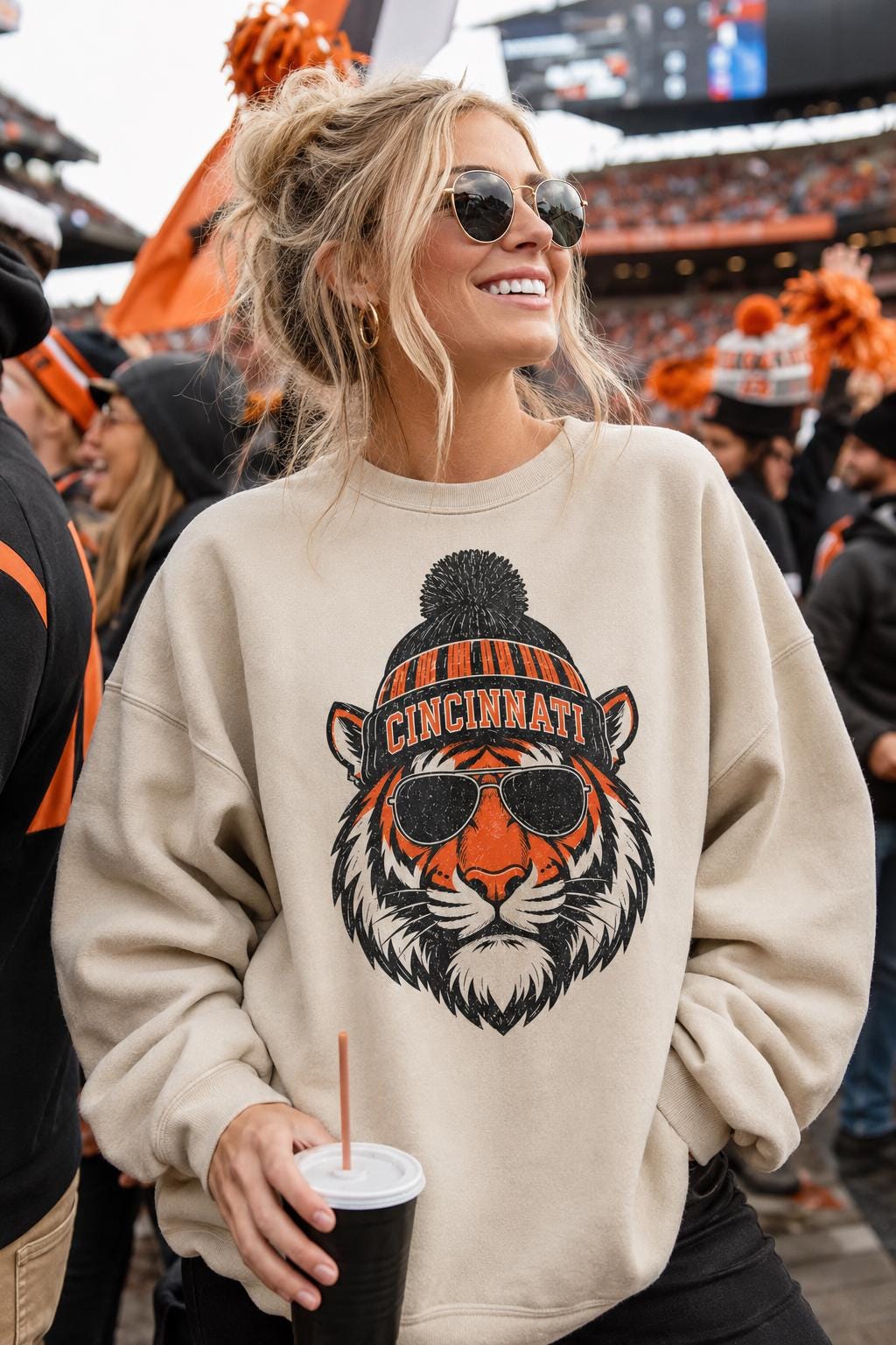 Cincinnati Football Comfort Colors Vintage Style Crewneck Sweatshirt, Tiger Mascot Sunglasses Football Crewneck, Beanie Tshirt HTS079